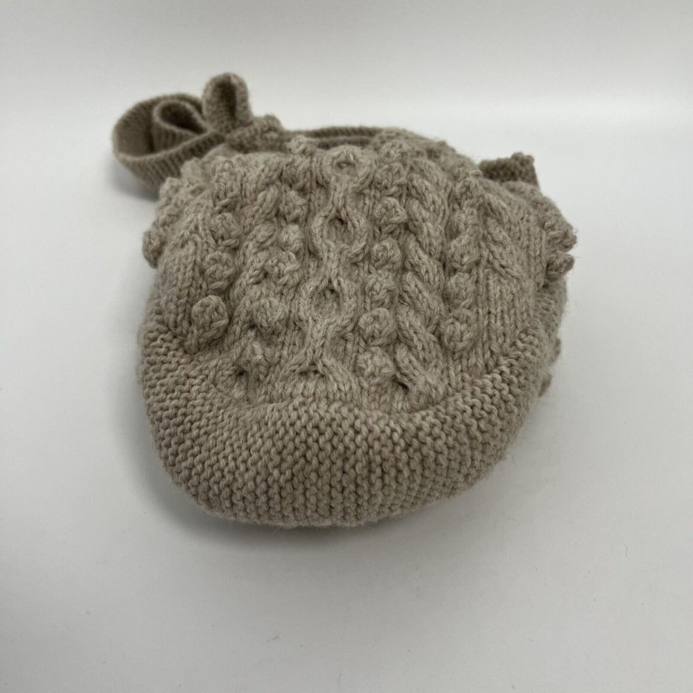 Cable Knit Hand Made Wool Blend Tan Neutral Boho Granny Grandma Tote Bag - Picture 7 of 9